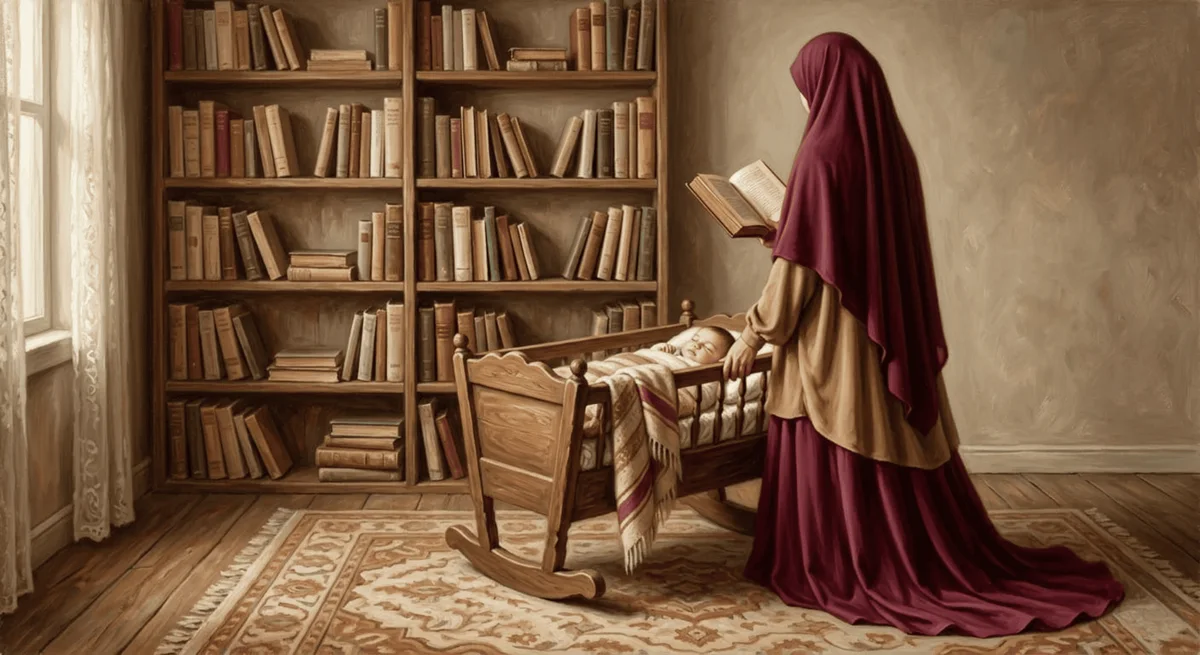 رَسمٌ تَصويريّ لِأُمٍّ تَقرَأُ مِن كِتابٍ أَمامَ مَهدِ رَضيعِها، إلى جانِبِها مَكتَبَةٌ مُمتَلِئَةٌ بِالكُتُب